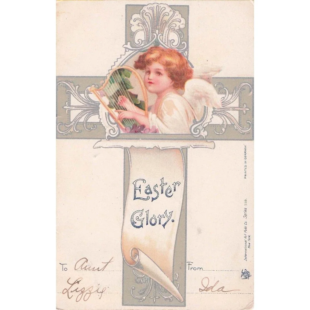 Postcard antique Easter Angel Cherub Harp Religious 1906 child cross Ida Lizzie